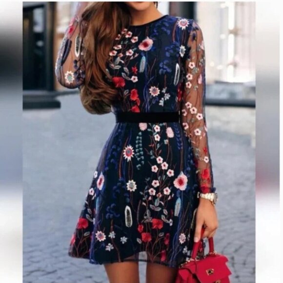 Floral Embroidered Sheer Sleeve Dress - Picture 1 of 8